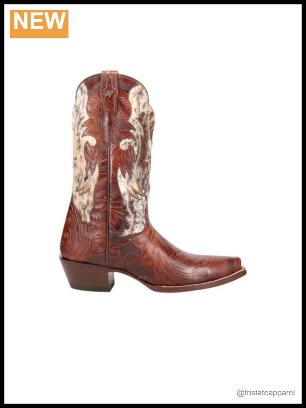 Women's Mid Calf Snip Toe Pull-On Boots, Real Leather, Tooled Inlay, Low Heel